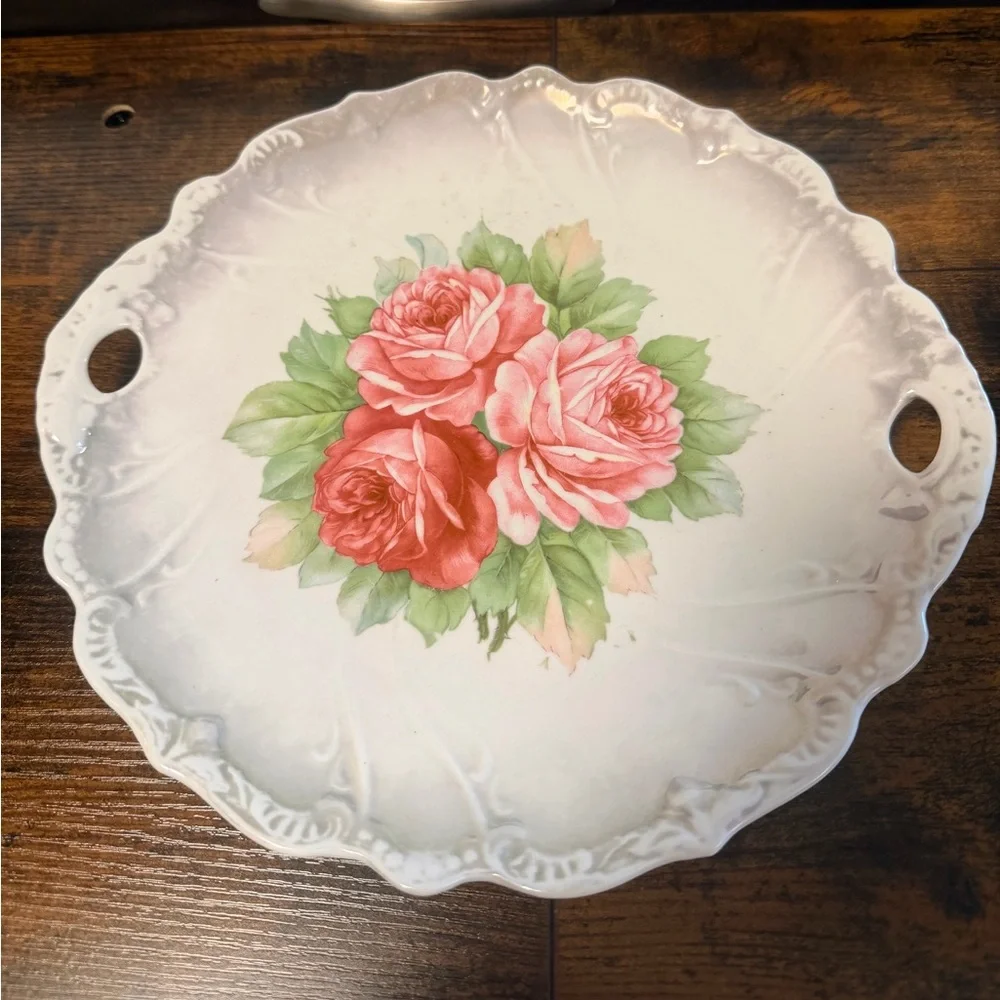 Vintage German Porcelain Cabbage Rose/Green Lusterware Double Handled Cake Plate